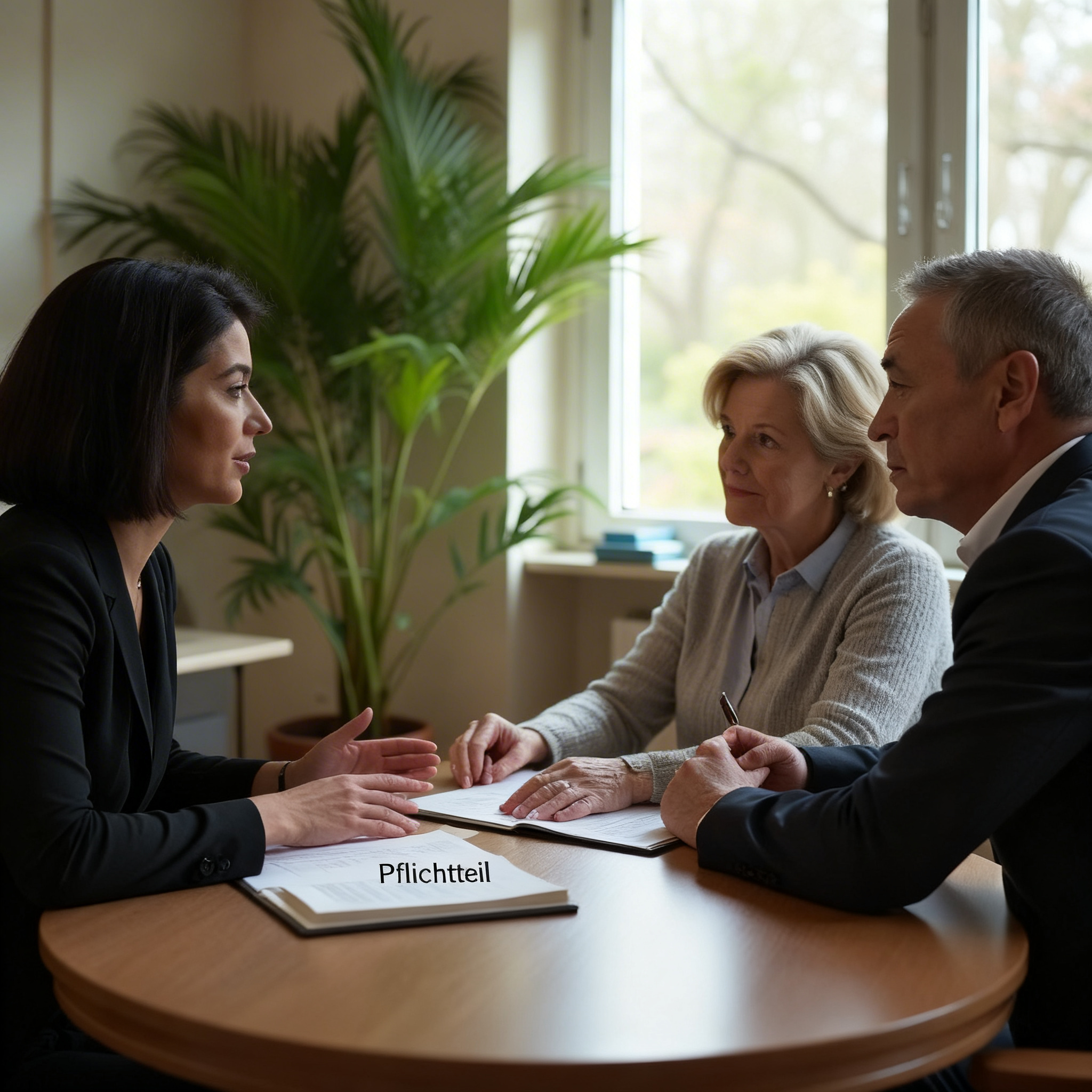 Beratungsgespräch zum Thema Pflichtteil umgehen: Anwältin erklärt älterem Paar Testament und rechtliche Optionen